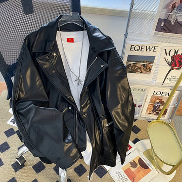 Riolio Black Pu Leather Jacket Men's Spring Autumn New American Retro Handsome Leather Jacket Loose High-end Motorcycle Suit Aesthetic